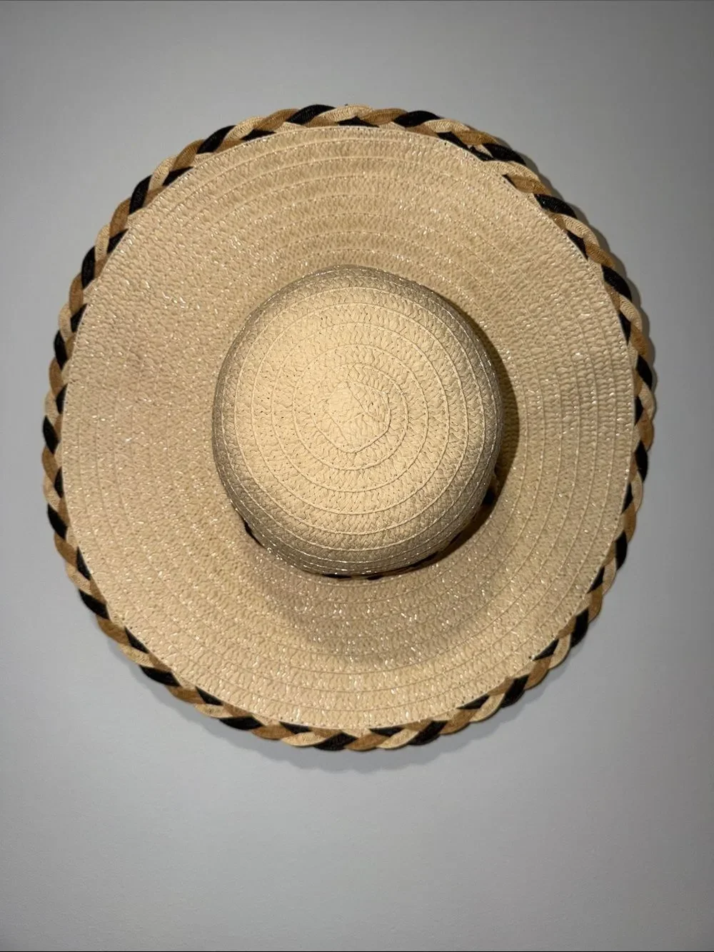 TAHARI Beige Tan Black Braided Detail Floppy Straw Hat
